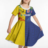 Malampa Fiji Day Kid Short Sleeve Dress Volcano and Coral Reef with Culture Patterns Split Style