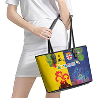 Malampa Fiji Day Leather Tote Bag Volcano and Coral Reef with Culture Patterns Split Style