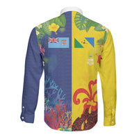 Malampa Fiji Day Long Sleeve Button Shirt Volcano and Coral Reef with Culture Patterns Split Style