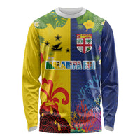 Malampa Fiji Day Long Sleeve Shirt Volcano and Coral Reef with Culture Patterns Split Style
