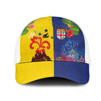 Malampa Fiji Day Mesh Trucker Cap Volcano and Coral Reef with Culture Patterns Split Style
