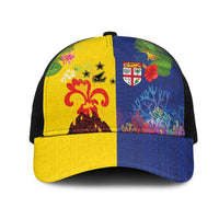 Malampa Fiji Day Mesh Trucker Cap Volcano and Coral Reef with Culture Patterns Split Style