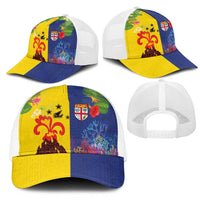 Malampa Fiji Day Mesh Trucker Cap Volcano and Coral Reef with Culture Patterns Split Style
