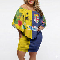Malampa Fiji Day Off Shoulder Short Dress Volcano and Coral Reef with Culture Patterns Split Style