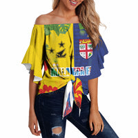 Malampa Fiji Day Off Shoulder Wrap Waist Top Volcano and Coral Reef with Culture Patterns Split Style