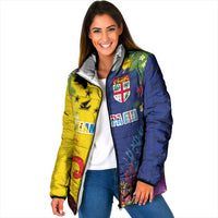Malampa Fiji Day Padded Jacket Volcano and Coral Reef with Culture Patterns Split Style