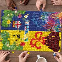 Malampa Fiji Day Puzzle Volcano and Coral Reef with Culture Patterns Split Style