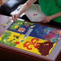 Malampa Fiji Day Puzzle Volcano and Coral Reef with Culture Patterns Split Style