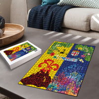 Malampa Fiji Day Puzzle Volcano and Coral Reef with Culture Patterns Split Style
