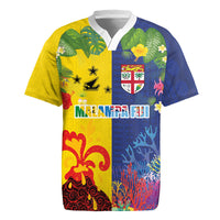 Malampa Fiji Day Rugby Jersey Volcano and Coral Reef with Culture Patterns Split Style