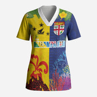 Malampa Fiji Day Scrub Top Volcano and Coral Reef with Culture Patterns Split Style