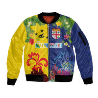 Malampa Fiji Day Sleeve Zip Bomber Jacket Volcano and Coral Reef with Culture Patterns Split Style