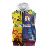 Malampa Fiji Day Sleeveless Zip Hoodie Volcano and Coral Reef with Culture Patterns Split Style