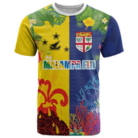 Malampa Fiji Day T Shirt Volcano and Coral Reef with Culture Patterns Split Style