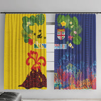 Malampa Fiji Day Window Curtain Volcano and Coral Reef with Culture Patterns Split Style