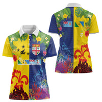 Malampa Fiji Day Women Polo Shirt Volcano and Coral Reef with Culture Patterns Split Style