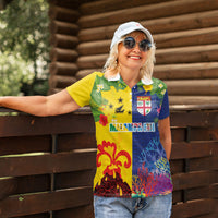 Malampa Fiji Day Women Polo Shirt Volcano and Coral Reef with Culture Patterns Split Style