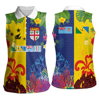 Malampa Fiji Day Women Sleeveless Polo Shirt Volcano and Coral Reef with Culture Patterns Split Style