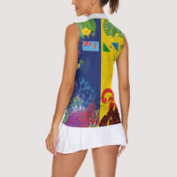 Malampa Fiji Day Women Sleeveless Polo Shirt Volcano and Coral Reef with Culture Patterns Split Style