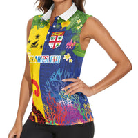 Malampa Fiji Day Women Sleeveless Polo Shirt Volcano and Coral Reef with Culture Patterns Split Style