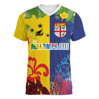Malampa Fiji Day Women V-Neck T-Shirt Volcano and Coral Reef with Culture Patterns Split Style