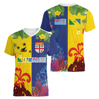 Malampa Fiji Day Women V-Neck T-Shirt Volcano and Coral Reef with Culture Patterns Split Style