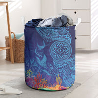 Fijian Tribal Manta Ray Laundry Basket Masi Motif with Coral Reef Ocean Vibe