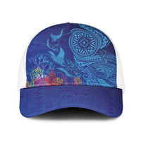 Fijian Tribal Manta Ray Baseball Net Cap Masi Motif with Coral Reef Ocean Vibe