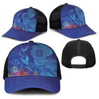 Fijian Tribal Manta Ray Baseball Net Cap Masi Motif with Coral Reef Ocean Vibe