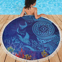 Fijian Tribal Manta Ray Beach Blanket Masi Motif with Coral Reef Ocean Vibe