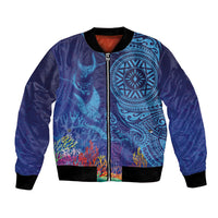 Fijian Tribal Manta Ray Bomber Jacket Masi Motif with Coral Reef Ocean Vibe