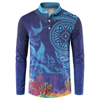 Fijian Tribal Manta Ray Button Sweatshirt Masi Motif with Coral Reef Ocean Vibe
