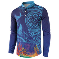 Fijian Tribal Manta Ray Button Sweatshirt Masi Motif with Coral Reef Ocean Vibe