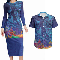 Fijian Tribal Manta Ray Couples Matching Long Sleeve Bodycon Dress and Hawaiian Shirt Masi Motif with Coral Reef Ocean Vibe