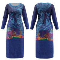 Fijian Tribal Manta Ray Couples Matching Long Sleeve Bodycon Dress and Hawaiian Shirt Masi Motif with Coral Reef Ocean Vibe