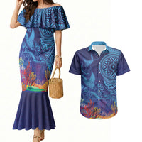 Fijian Tribal Manta Ray Couples Matching Mermaid Dress and Hawaiian Shirt Masi Motif with Coral Reef Ocean Vibe