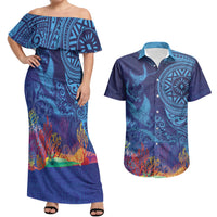 Fijian Tribal Manta Ray Couples Matching Off Shoulder Maxi Dress and Hawaiian Shirt Masi Motif with Coral Reef Ocean Vibe