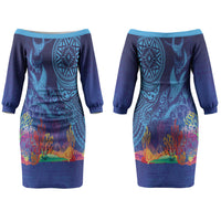 Fijian Tribal Manta Ray Couples Matching Off The Shoulder Long Sleeve Dress and Hawaiian Shirt Masi Motif with Coral Reef Ocean Vibe