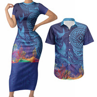 Fijian Tribal Manta Ray Couples Matching Short Sleeve Bodycon Dress and Hawaiian Shirt Masi Motif with Coral Reef Ocean Vibe