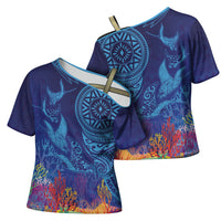 Fijian Tribal Manta Ray Cross Shoulder Shirt Masi Motif with Coral Reef Ocean Vibe