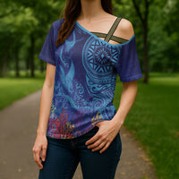 Fijian Tribal Manta Ray Cross Shoulder Shirt Masi Motif with Coral Reef Ocean Vibe