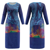 Fijian Tribal Manta Ray Family Matching Long Sleeve Bodycon Dress and Hawaiian Shirt Masi Motif with Coral Reef Ocean Vibe