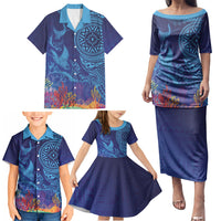 Fijian Tribal Manta Ray Family Matching Puletasi and Hawaiian Shirt Masi Motif with Coral Reef Ocean Vibe