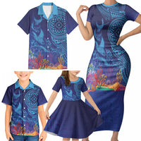 Fijian Tribal Manta Ray Family Matching Short Sleeve Bodycon Dress and Hawaiian Shirt Masi Motif with Coral Reef Ocean Vibe
