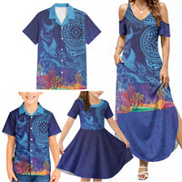 Fijian Tribal Manta Ray Family Matching Summer Maxi Dress and Hawaiian Shirt Masi Motif with Coral Reef Ocean Vibe