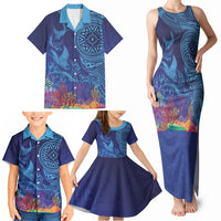 Fijian Tribal Manta Ray Family Matching Tank Maxi Dress and Hawaiian Shirt Masi Motif with Coral Reef Ocean Vibe