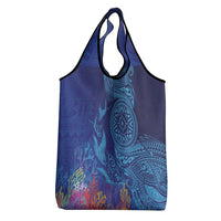 Fijian Tribal Manta Ray Grocery Bag Masi Motif with Coral Reef Ocean Vibe