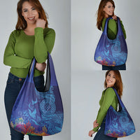 Fijian Tribal Manta Ray Grocery Bag Masi Motif with Coral Reef Ocean Vibe