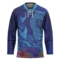 Fijian Tribal Manta Ray Hockey Jersey Masi Motif with Coral Reef Ocean Vibe