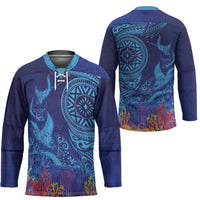 Fijian Tribal Manta Ray Hockey Jersey Masi Motif with Coral Reef Ocean Vibe
